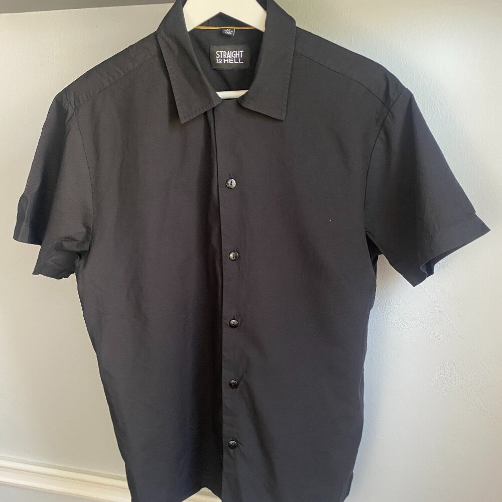 STRAIGHT TO HELL BLACK SHORT SLEEVE BUTTON UP SHIRT